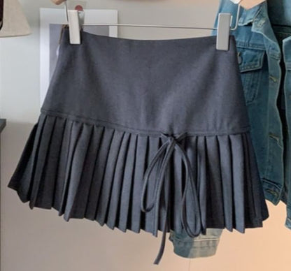 High Mini Skirt Accent Bow A-Line Pleated Plain Waist