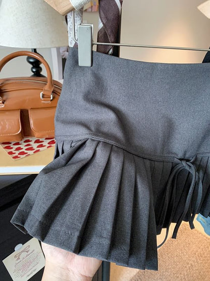 High Mini Skirt Accent Bow A-Line Pleated Plain Waist