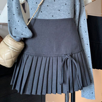 High Mini Skirt Accent Bow A-Line Pleated Plain Waist