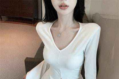 V-Neck Plain Slit Fit T-Shirt Long-Sleeve Slim