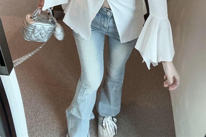 V-Neck Plain Slit Fit T-Shirt Long-Sleeve Slim