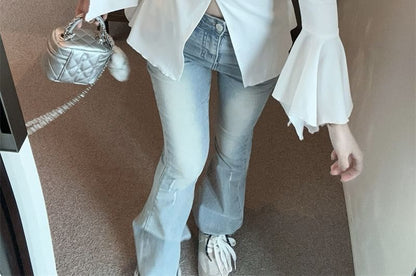 V-Neck Plain Slit Fit T-Shirt Long-Sleeve Slim