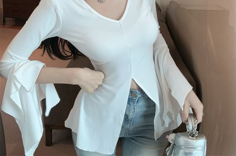 V-Neck Plain Slit Fit T-Shirt Long-Sleeve Slim