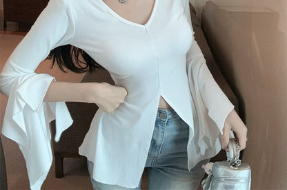 V-Neck Plain Slit Fit T-Shirt Long-Sleeve Slim