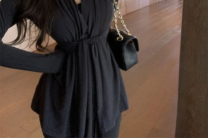 Waist Shawl Tie Plain Collar Cardigan