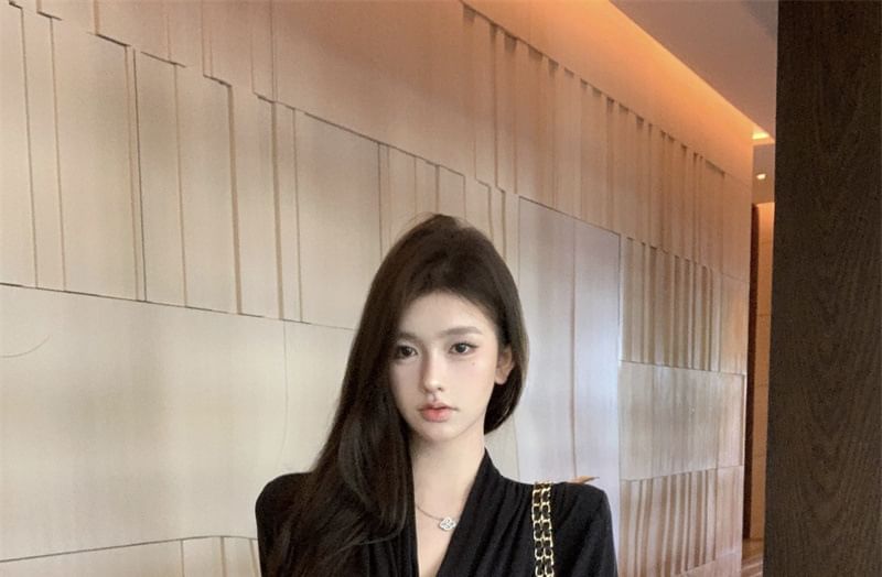 Waist Shawl Tie Plain Collar Cardigan