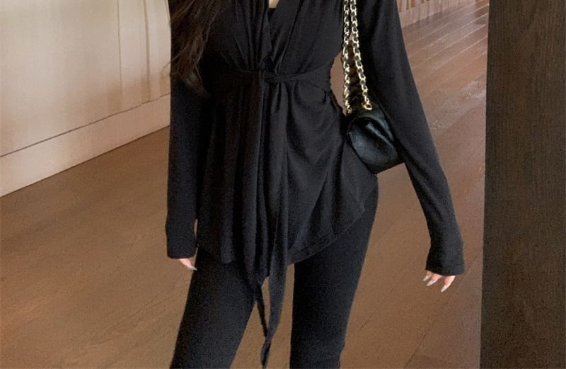 Waist Shawl Tie Plain Collar Cardigan