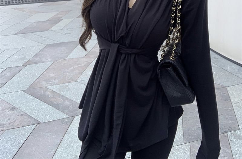 Waist Shawl Tie Plain Collar Cardigan