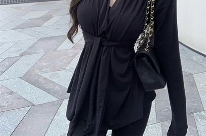 Waist Shawl Tie Plain Collar Cardigan