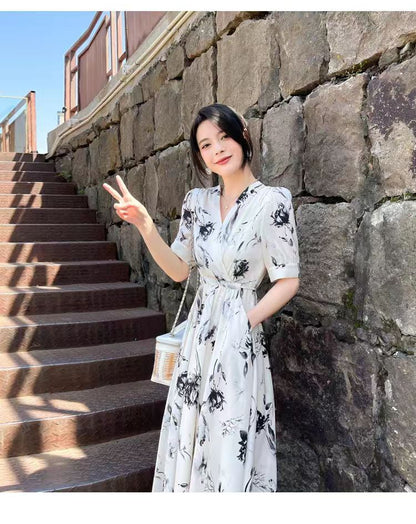 Floral Dress Midi Elbow-Sleeve Print A-Line V-Neck