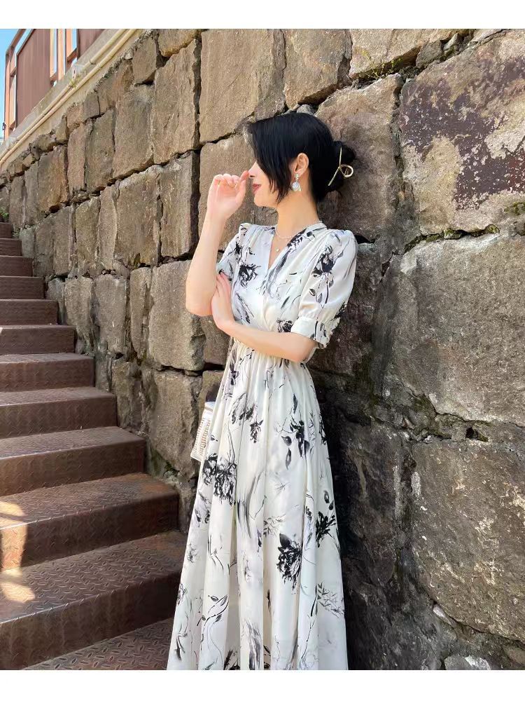 Floral Dress Midi Elbow-Sleeve Print A-Line V-Neck