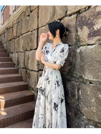 Floral Dress Midi Elbow-Sleeve Print A-Line V-Neck