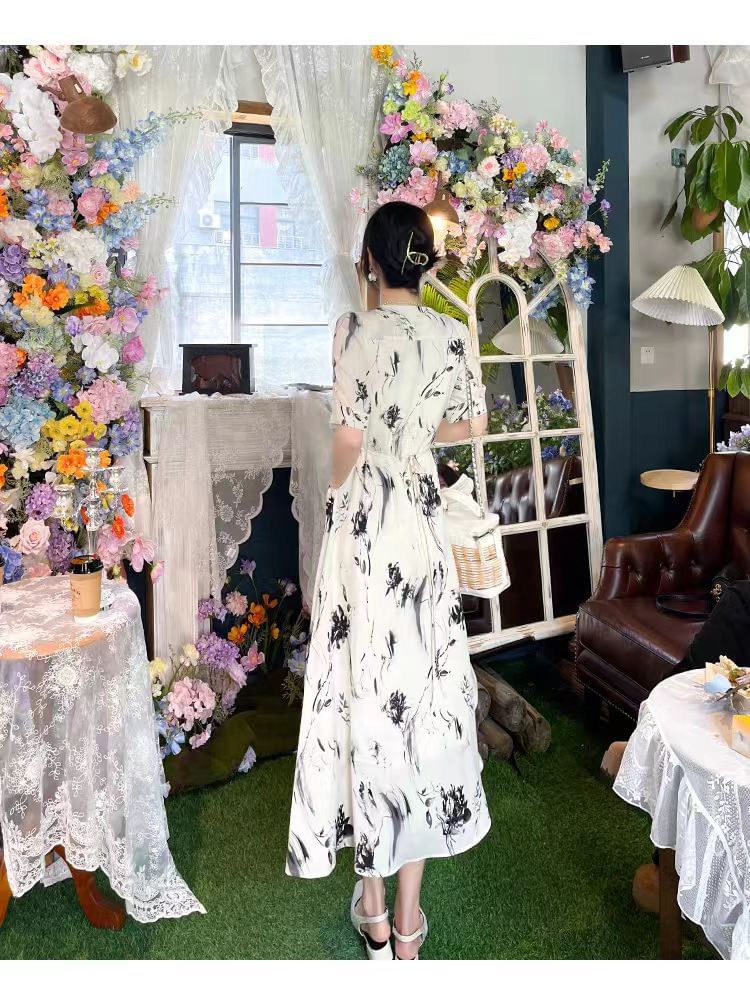 Floral Dress Midi Elbow-Sleeve Print A-Line V-Neck