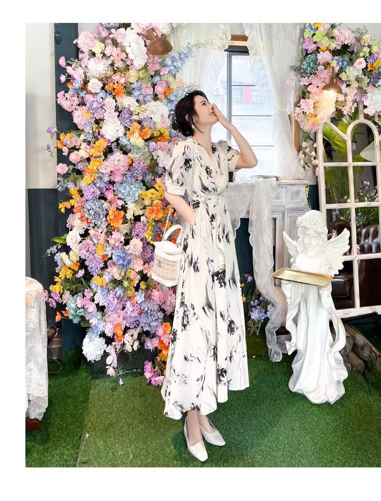 Floral Dress Midi Elbow-Sleeve Print A-Line V-Neck