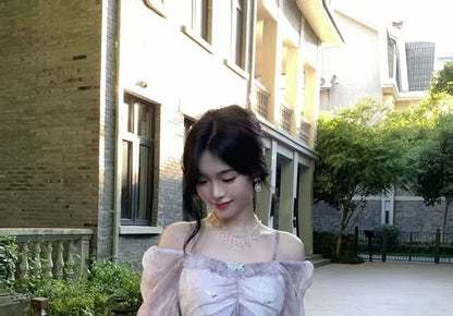 Butterfly Tie Maxi Long-Sleeve Dye Ruffle Dress Accent Shoulder A-Line Trim Cold