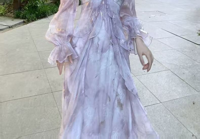 Butterfly Tie Maxi Long-Sleeve Dye Ruffle Dress Accent Shoulder A-Line Trim Cold