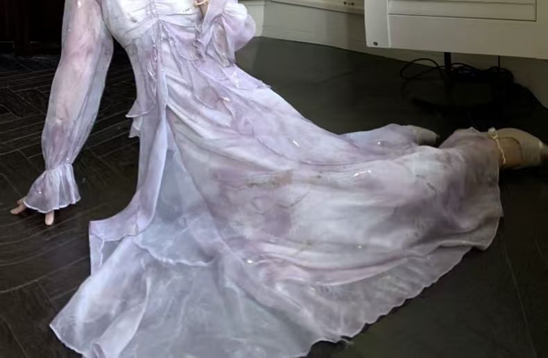 Butterfly Tie Maxi Long-Sleeve Dye Ruffle Dress Accent Shoulder A-Line Trim Cold