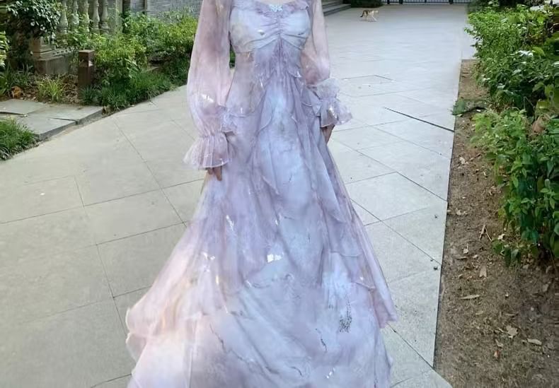 Butterfly Tie Maxi Long-Sleeve Dye Ruffle Dress Accent Shoulder A-Line Trim Cold