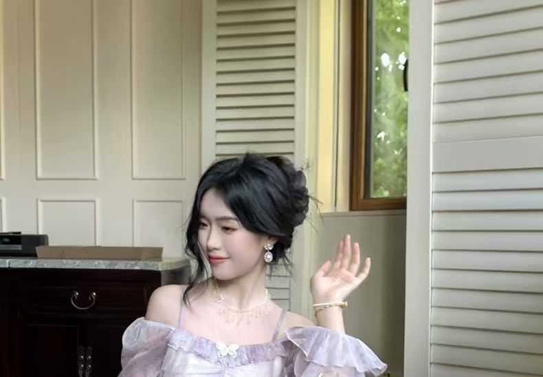 Butterfly Tie Maxi Long-Sleeve Dye Ruffle Dress Accent Shoulder A-Line Trim Cold