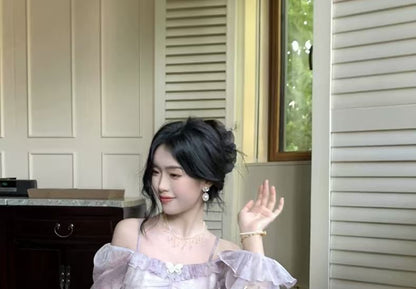 Butterfly Tie Maxi Long-Sleeve Dye Ruffle Dress Accent Shoulder A-Line Trim Cold