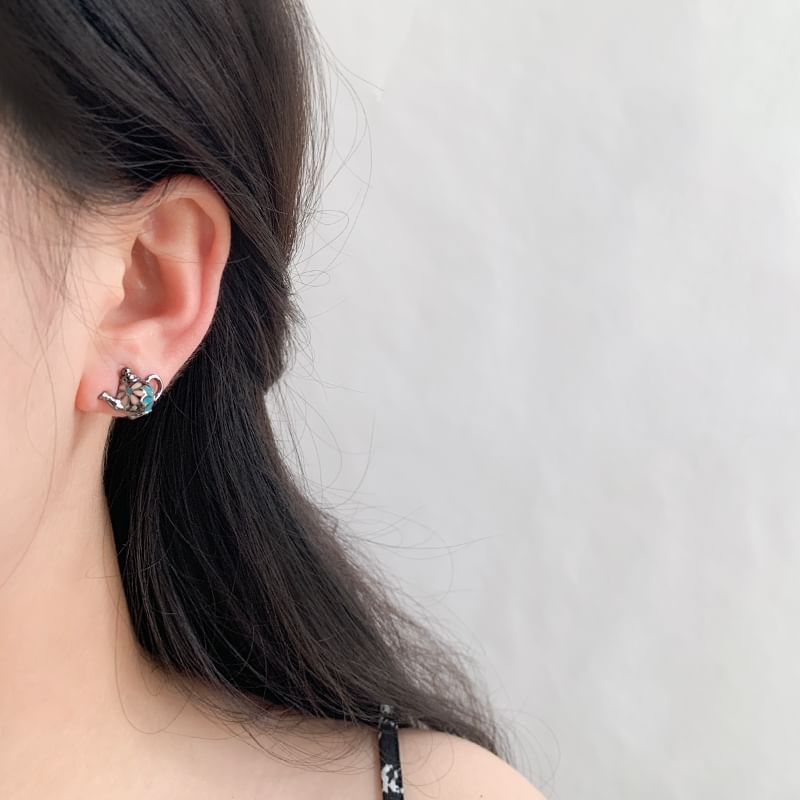 Clip Earring On Enamel / Teapot Flower Stud Asymmetrical