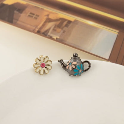 Clip Earring On Enamel / Teapot Flower Stud Asymmetrical