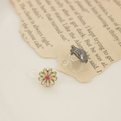 Clip Earring On Enamel / Teapot Flower Stud Asymmetrical