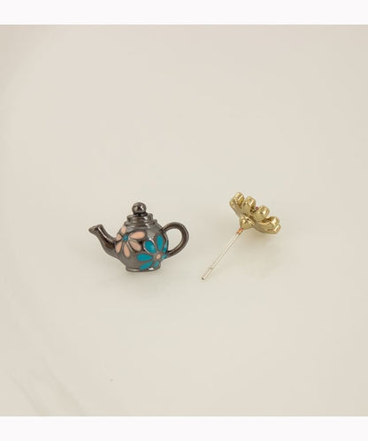 Clip Earring On Enamel / Teapot Flower Stud Asymmetrical