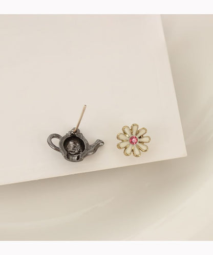 Clip Earring On Enamel / Teapot Flower Stud Asymmetrical