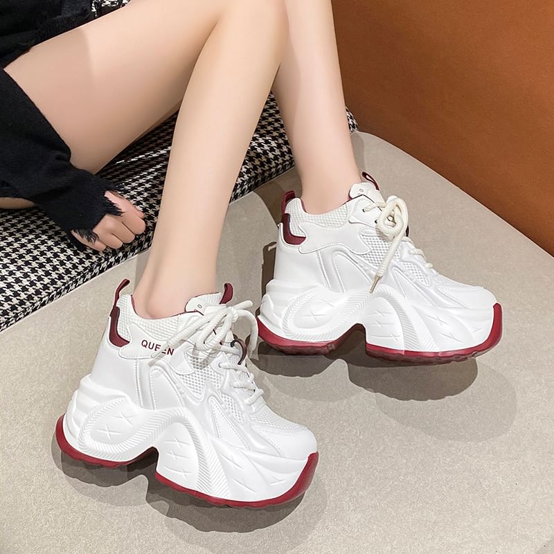 Panel Mesh Leather Wedge Lace-Up Sneakers Faux Hidden