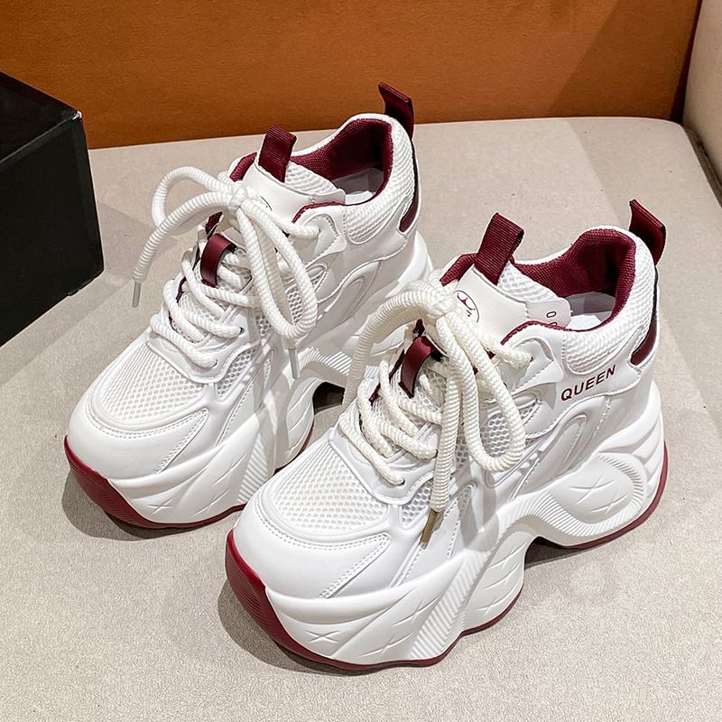 Panel Mesh Leather Wedge Lace-Up Sneakers Faux Hidden