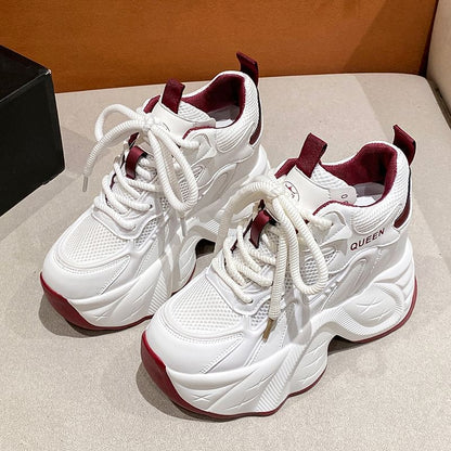 Panel Mesh Leather Wedge Lace-Up Sneakers Faux Hidden