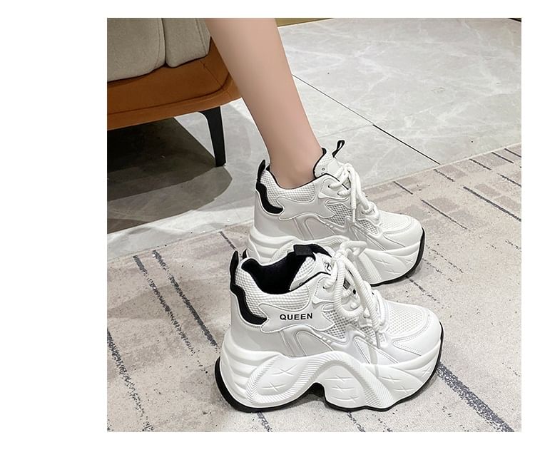 Panel Mesh Leather Wedge Lace-Up Sneakers Faux Hidden