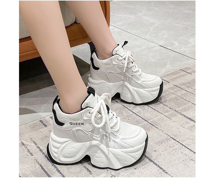Panel Mesh Leather Wedge Lace-Up Sneakers Faux Hidden