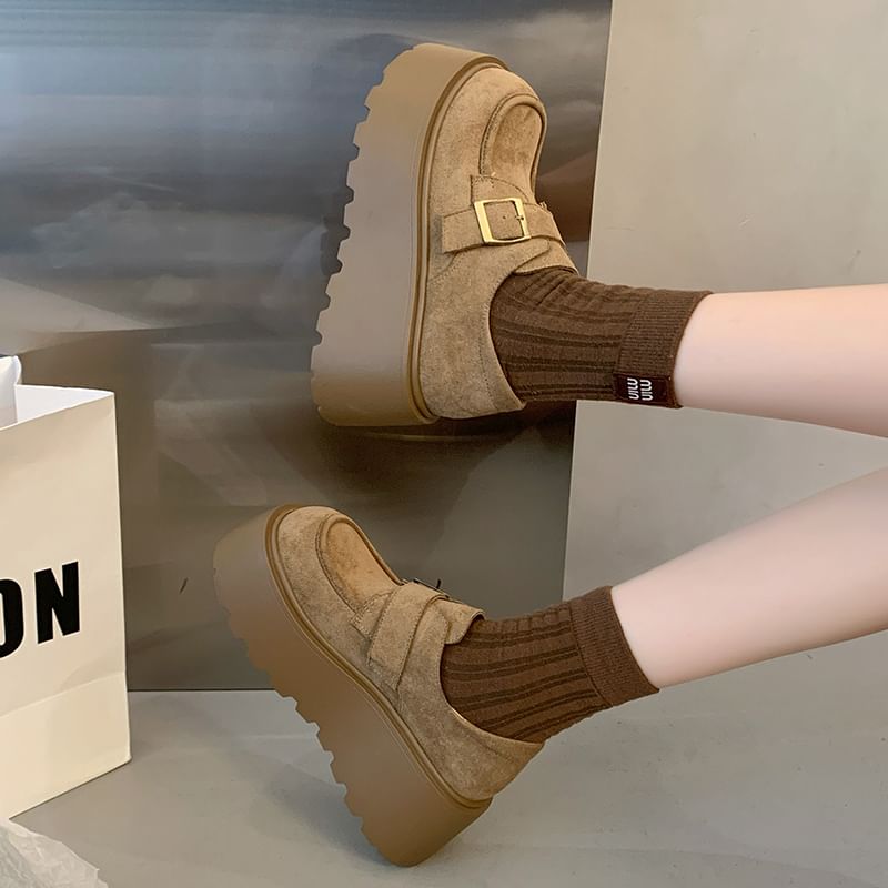 Buckled Shoes Faux Platform Plain Suede
