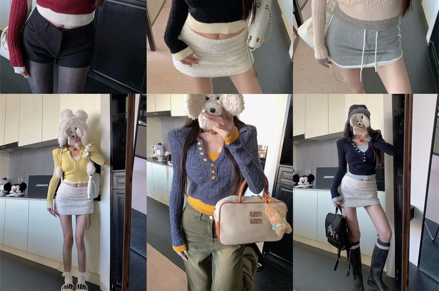 Two-Piece Sweater Cable-Knit Tone Cropped Mock Two Collar