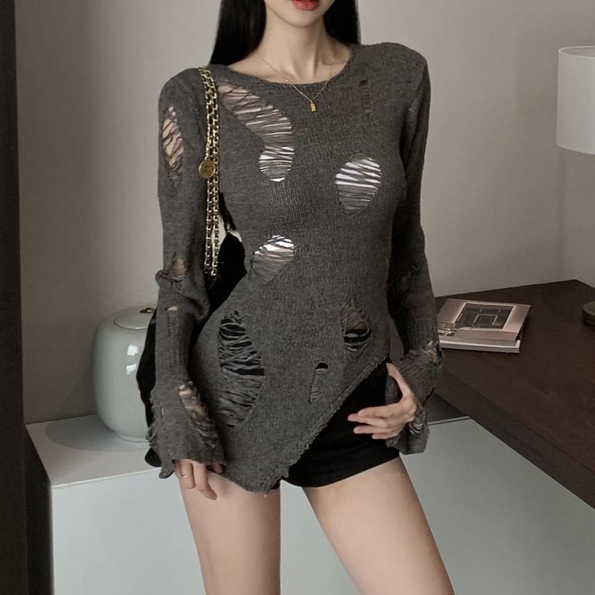 Distressed Crew Knit Sleeve Neck Plain Top Long