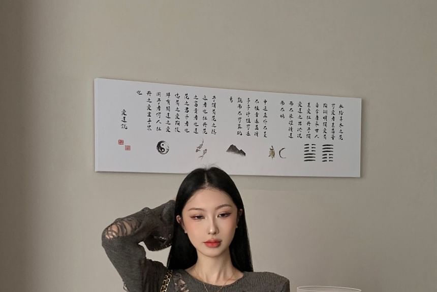 Distressed Crew Knit Sleeve Neck Plain Top Long