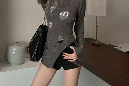 Distressed Crew Knit Sleeve Neck Plain Top Long