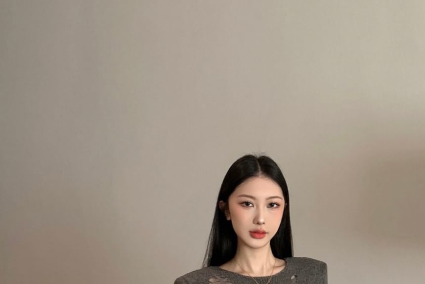 Distressed Crew Knit Sleeve Neck Plain Top Long