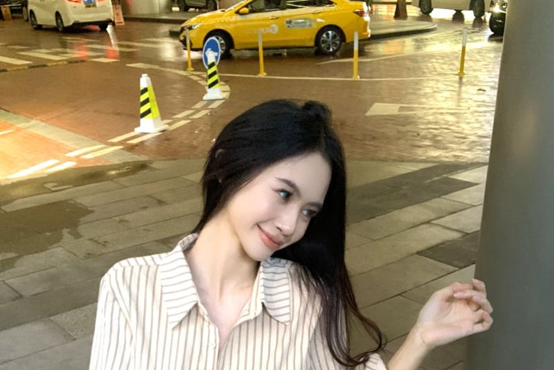 Skirt Waist Striped / Pencil Button Up Collared High Long-Sleeve Print Mini Leopard Shirt