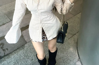 Skirt Waist Striped / Pencil Button Up Collared High Long-Sleeve Print Mini Leopard Shirt