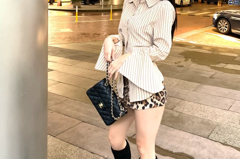 Skirt Waist Striped / Pencil Button Up Collared High Long-Sleeve Print Mini Leopard Shirt