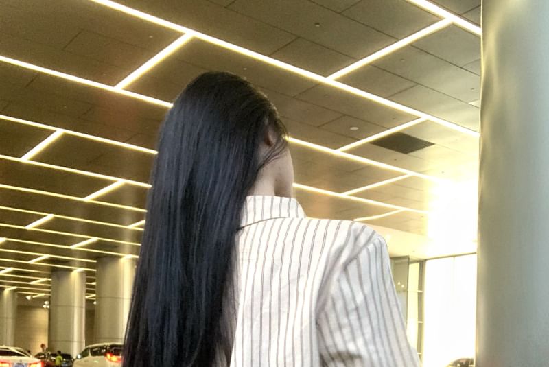 Skirt Waist Striped / Pencil Button Up Collared High Long-Sleeve Print Mini Leopard Shirt