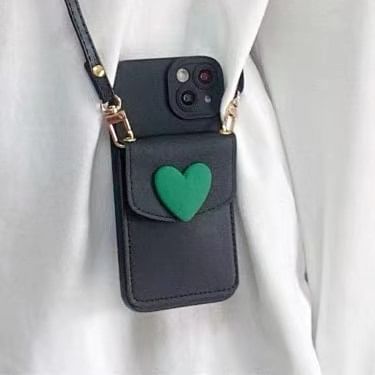 Plain Phone Case / Faux Leather Card Holder / Heart Adhesive Decoration / Lanyard / Set