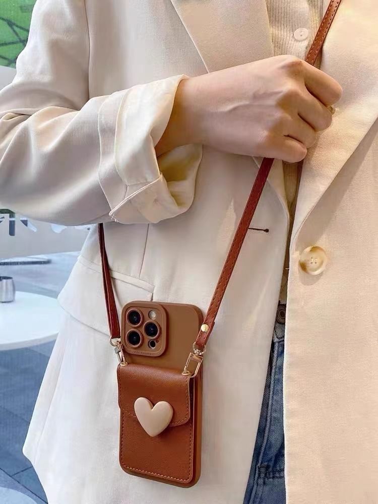 Plain Phone Case / Faux Leather Card Holder / Heart Adhesive Decoration / Lanyard / Set