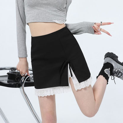 Tone Rise Two Pencil Bow High Slit Mini Skirt