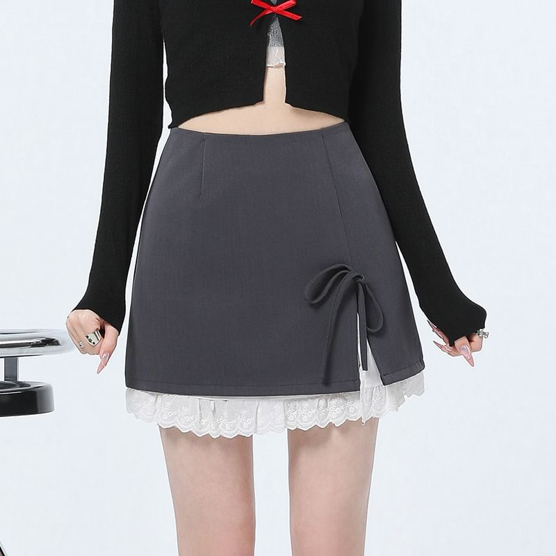 Tone Rise Two Pencil Bow High Slit Mini Skirt