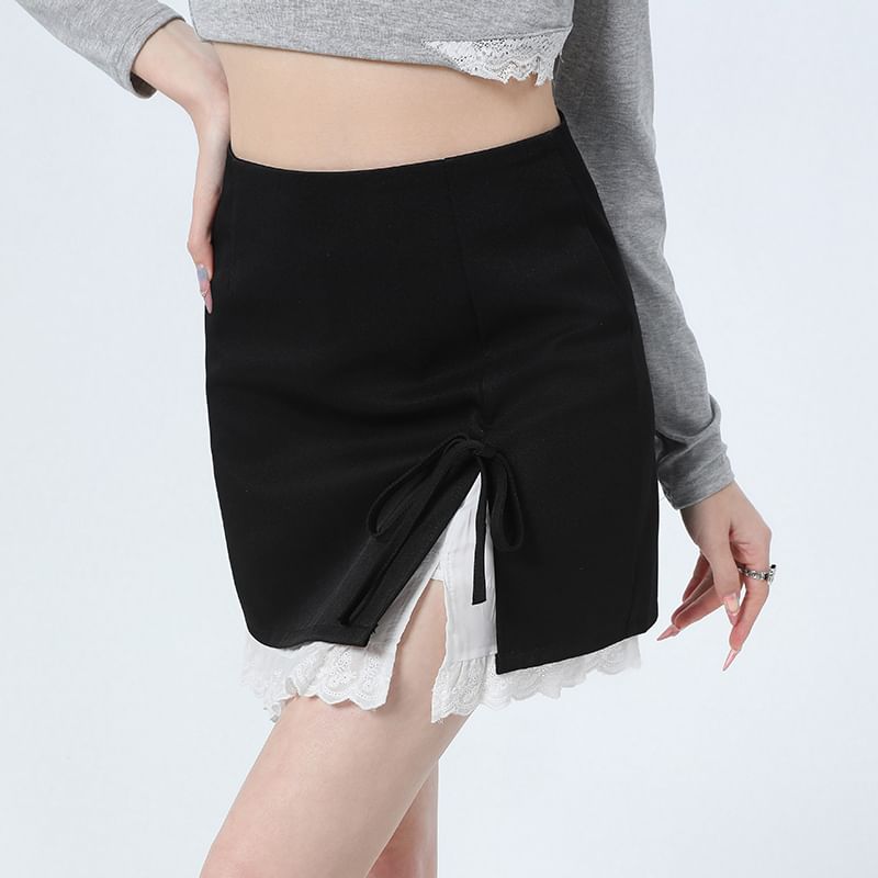 Tone Rise Two Pencil Bow High Slit Mini Skirt