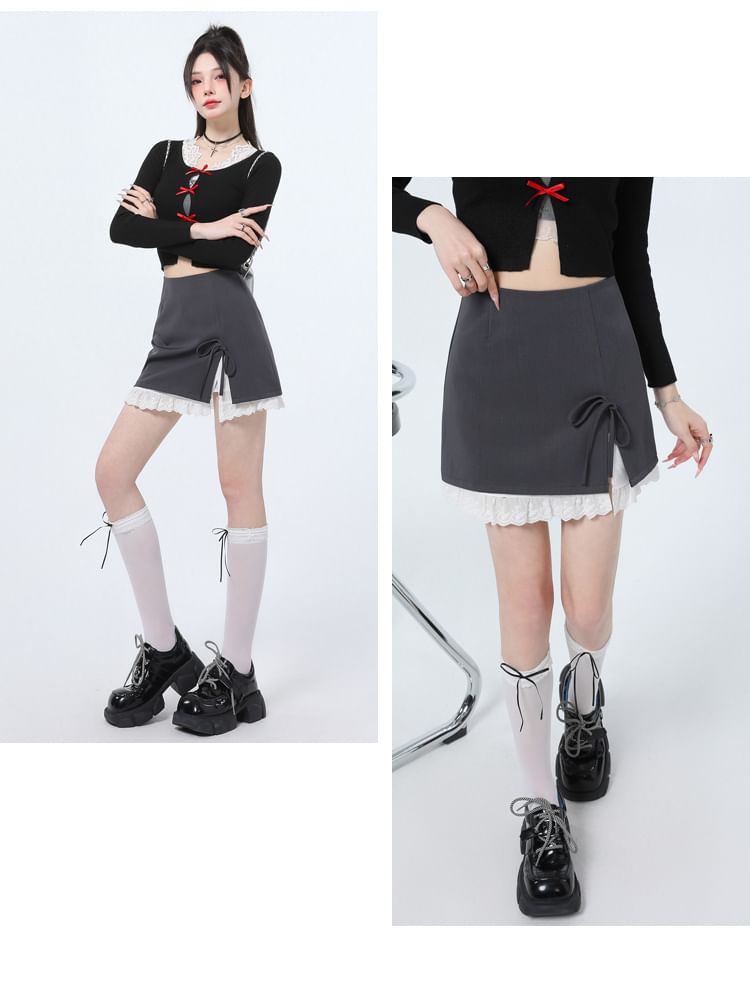 Tone Rise Two Pencil Bow High Slit Mini Skirt